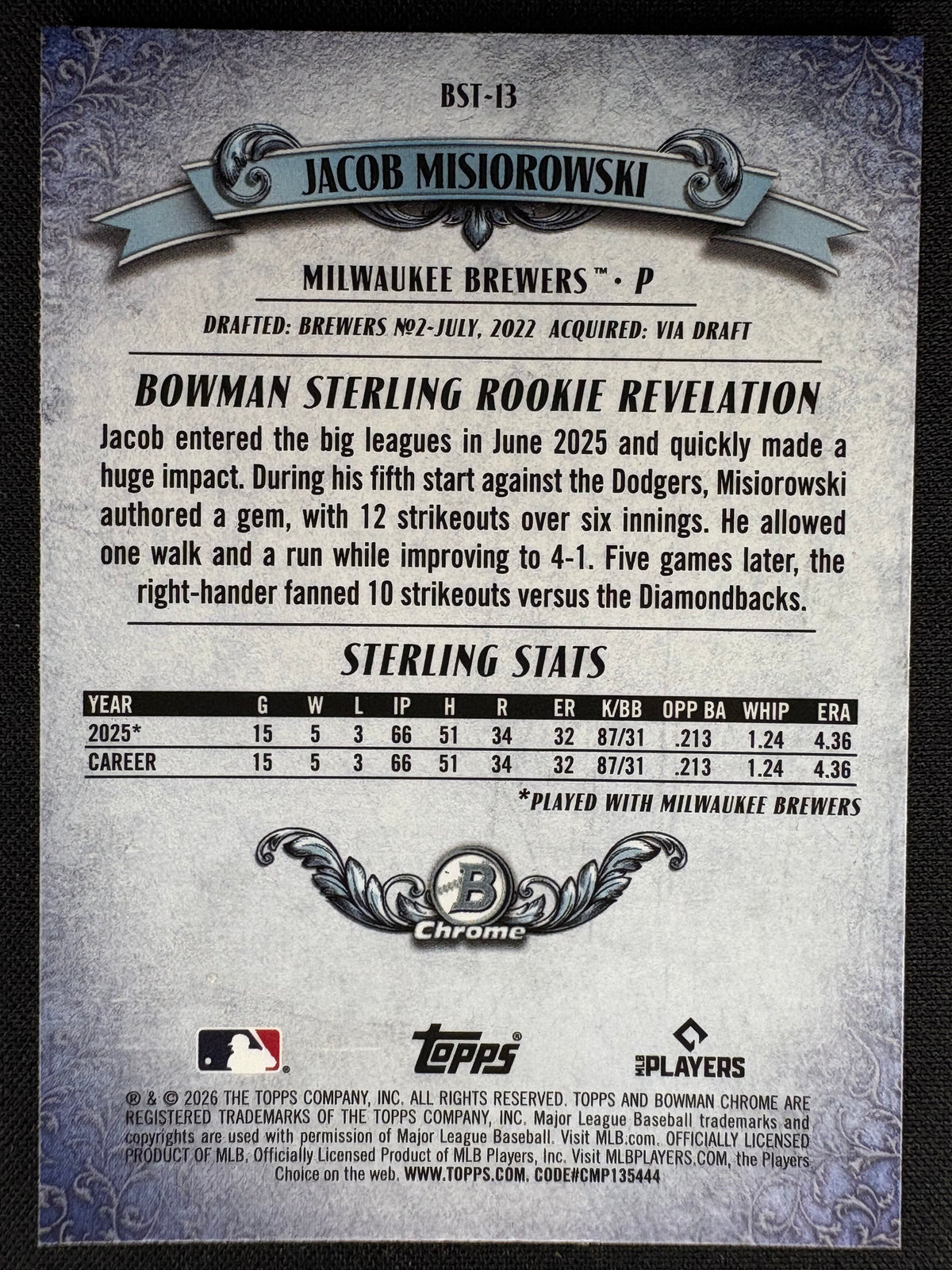 2026 JACOB MISIOROWSKI - BOWMAN STERLING - ROOKIE - CHROME #BST-13