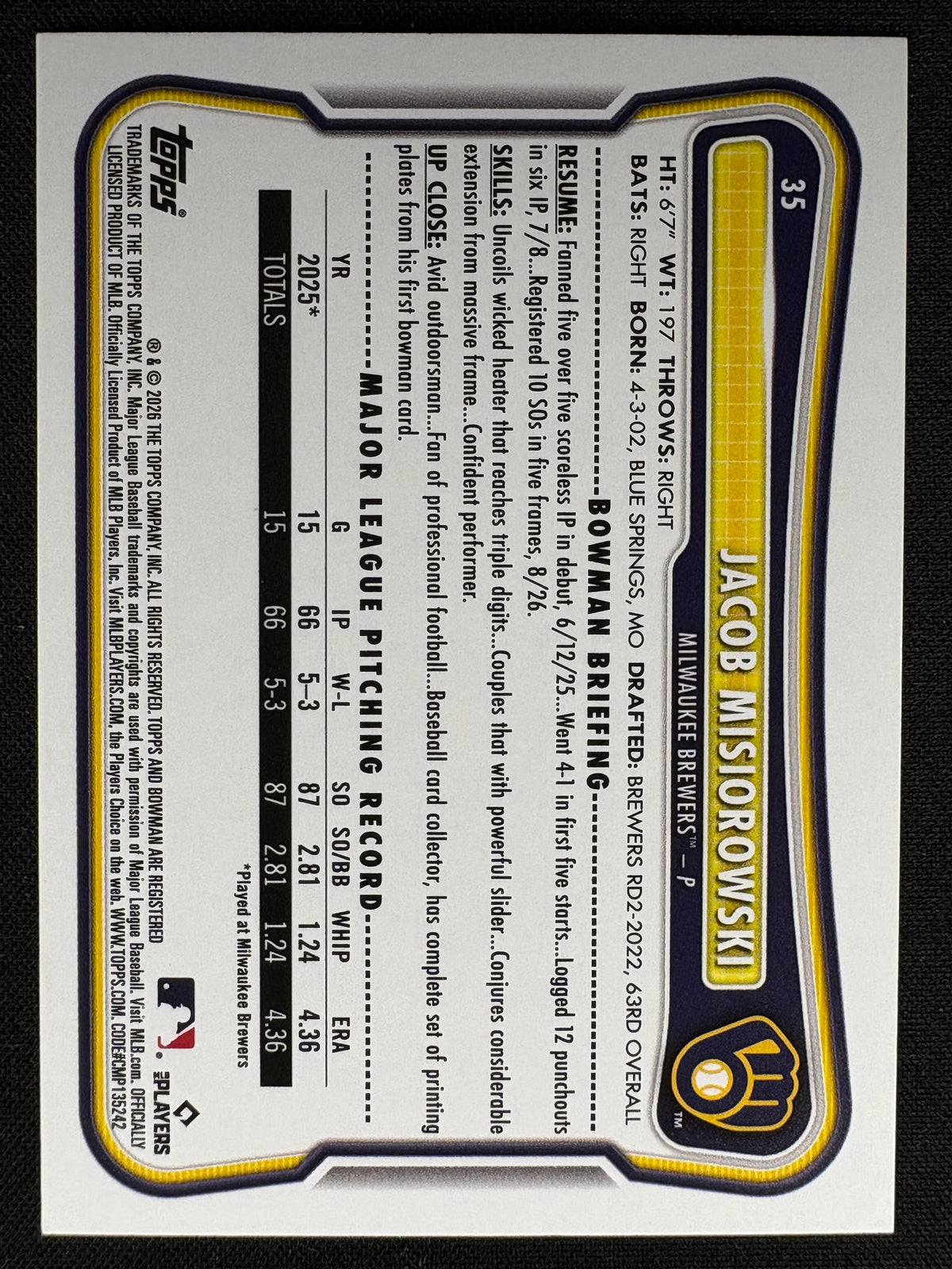 2026 - JACOB MISIOROWSKI - ROOKIE - BOWMAN #35