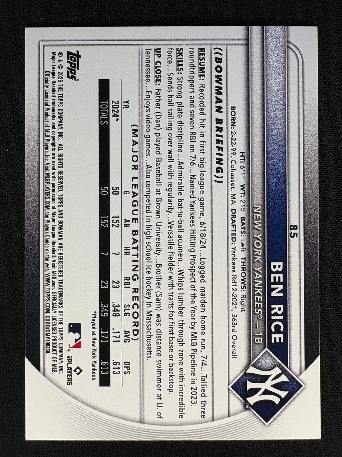2025 BOWMAN BEN RICE RC /399 #85 GREEN